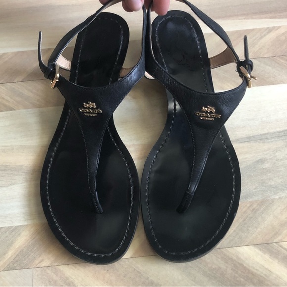 Coach Shoes - Coach Vitalia Black Leather Thong Wedge Sandal